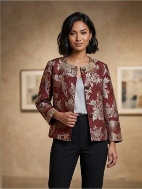 Chico's Burgundy Floral Jacquard Open-Front Jacket size1